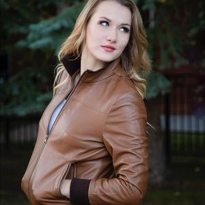 Brown Stand Up Real Leather Bomber Jacket